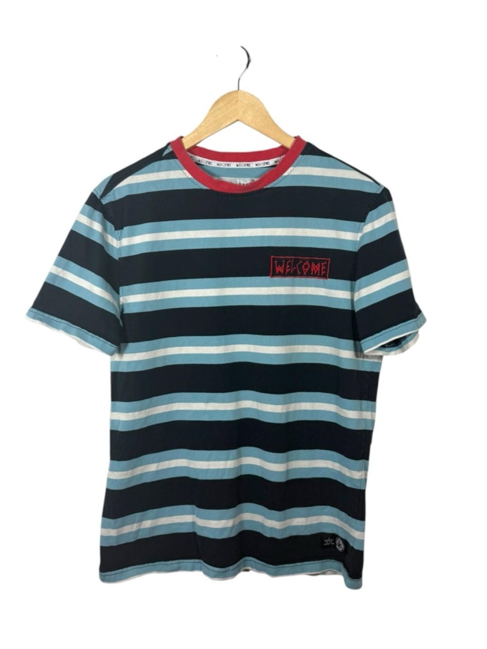 Welcome Skateboards Men’s Striped Crewneck Tee Blue/Red/Black/White M